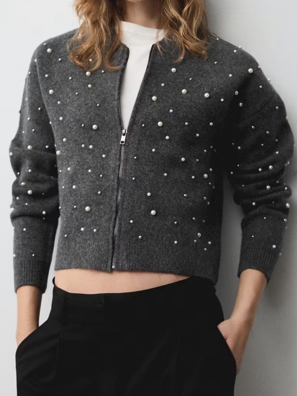 Mango Charcoal Gray Pearl-Embellished Zip Cardigan KNITTED JACKET WITH PEARL